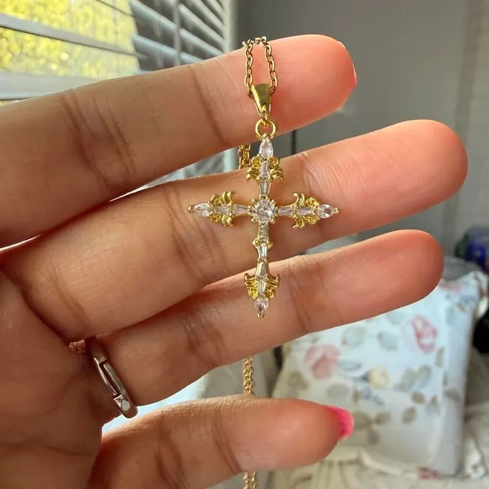 Gold Tone Cross Pendant Necklace | CZ Rhinestones | Adjustable